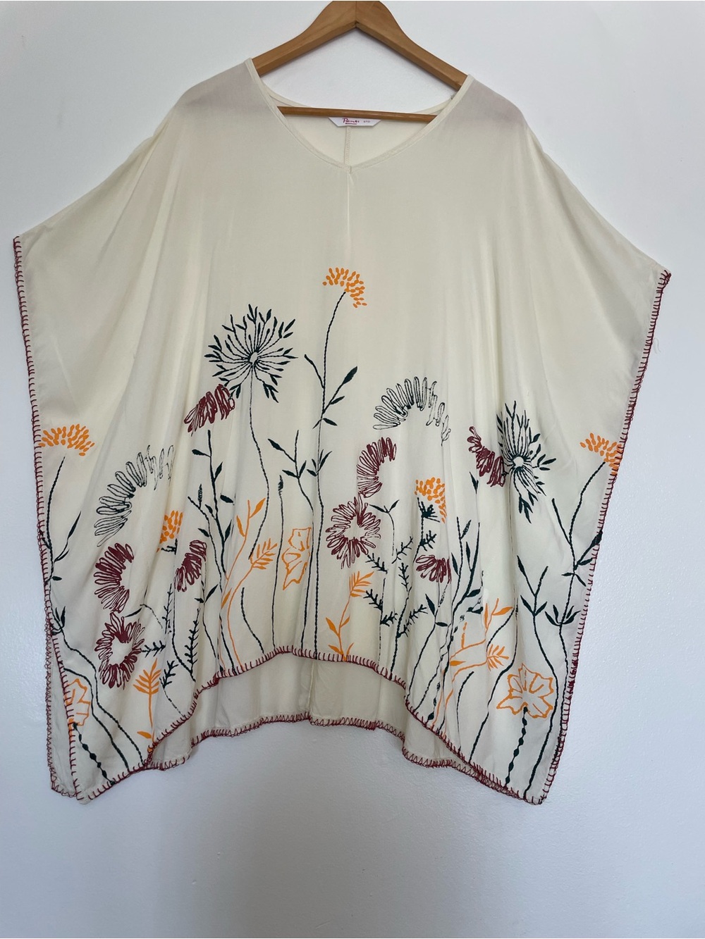 Beach Cover Boho Embroidered & Beautiful Print Cream Floral Penti Kaftan 1 Size